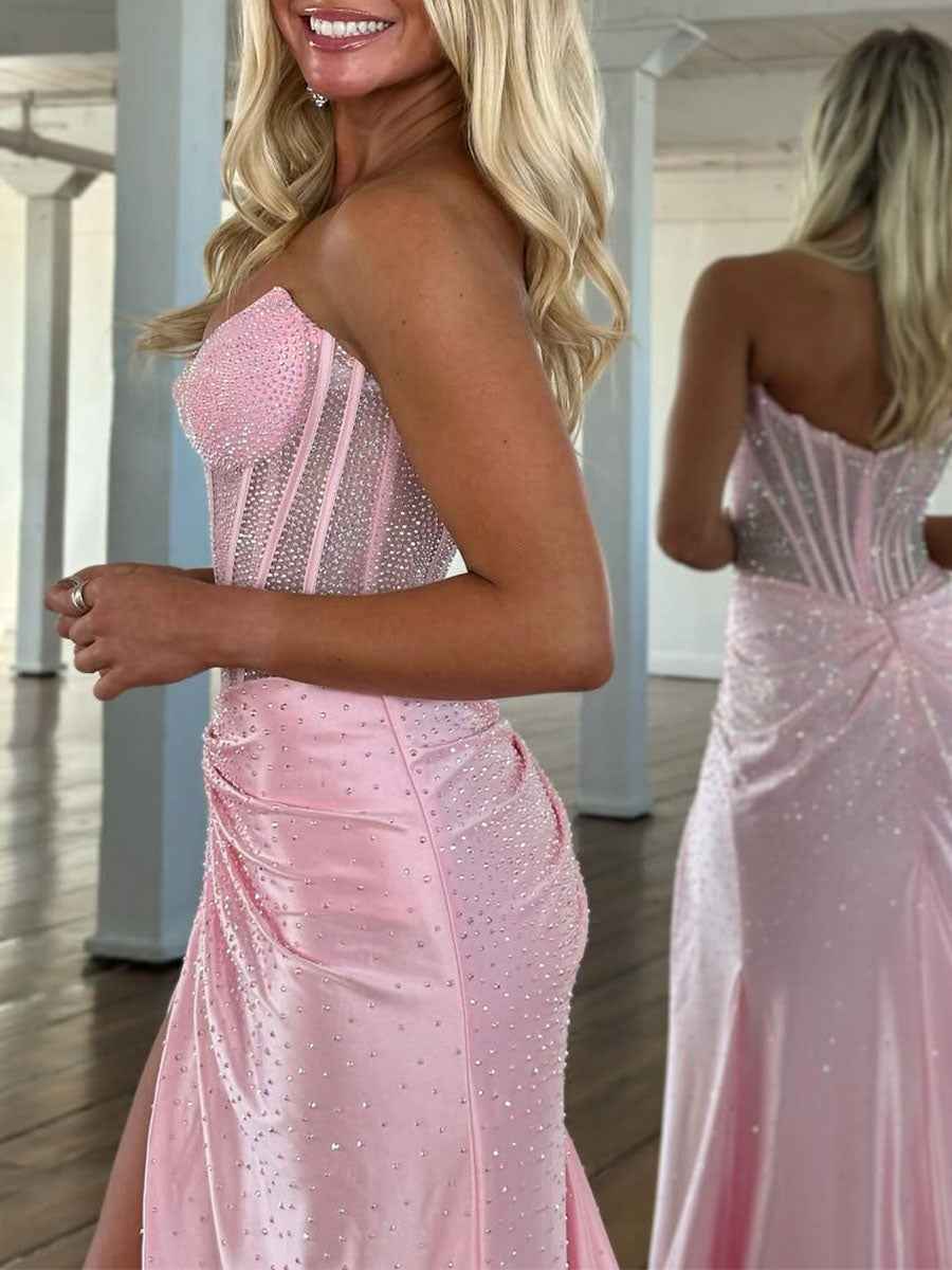 Emerald Green Mermaid Strapless Corset Beaded Prom Dress With Slit And Ruched Waist