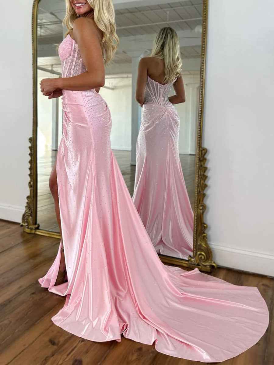 Emerald Green Mermaid Strapless Corset Beaded Prom Dress With Slit And Ruched Waist