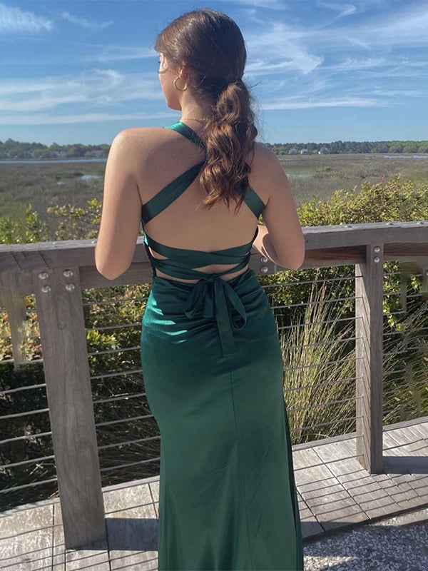 Ink Blue Satin Mermaid Prom Dress With V Neck And Criss Cross Back