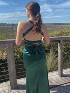 Ink Blue Satin Mermaid Prom Dress With V Neck And Criss Cross Back