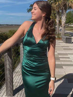 Ink Blue Satin Mermaid Prom Dress With V Neck And Criss Cross Back