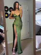 Emerald Green Satin Spaghetti Strap Evening Gown With Thigh High Slit