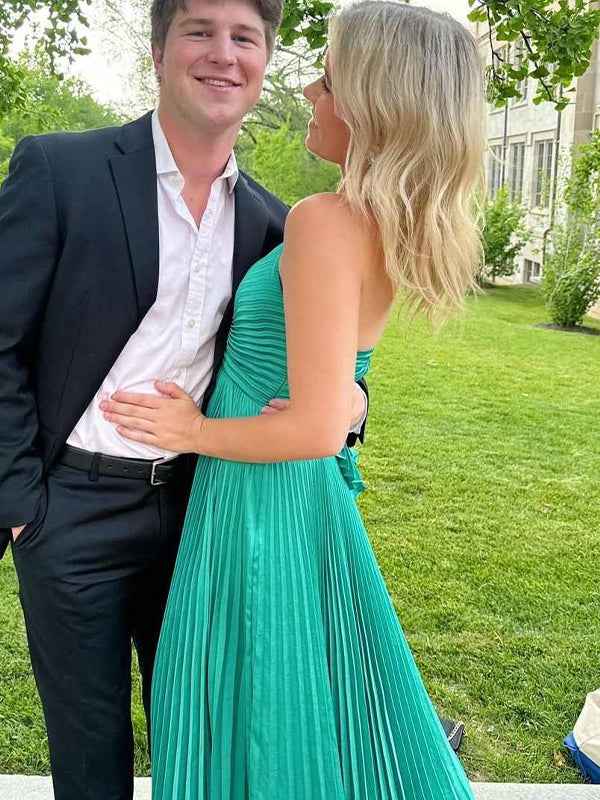 Teal Pleated Spaghetti Straps A Line Empire Waist Prom Dress