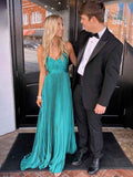 Teal Pleated Spaghetti Straps A Line Empire Waist Prom Dress