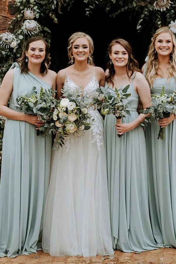 Green Chiffon One Shoulder Long Bridesmaid Dresses With Sweep Train
