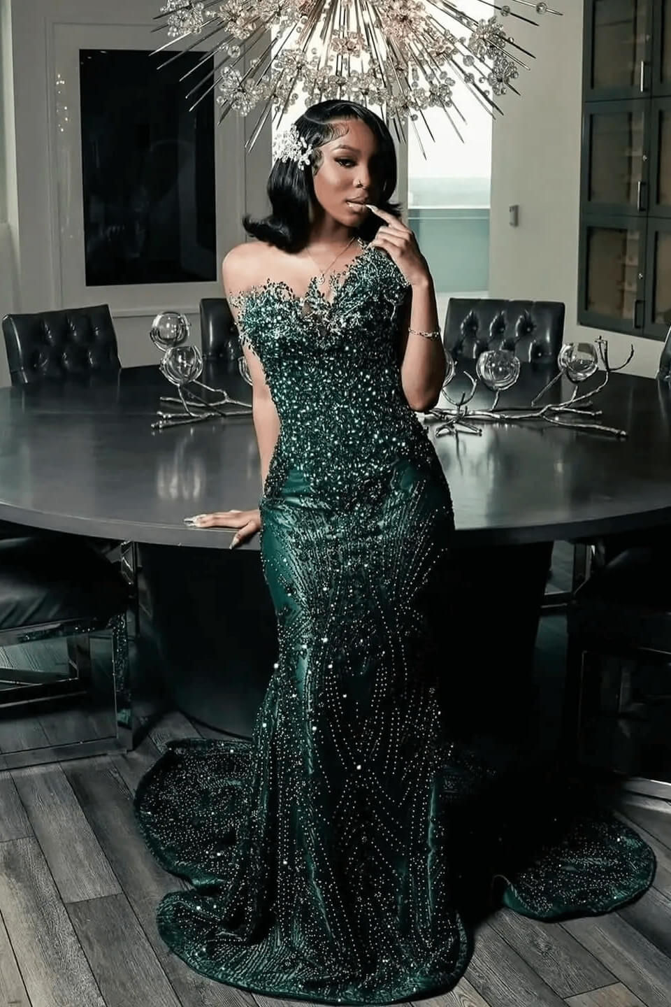 Dark Green One Shoulder Mermaid Prom Dress With Sparkle Embellishments