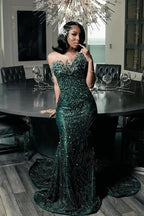 Dark Green One Shoulder Mermaid Prom Dress With Sparkle Embellishments