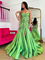 Green Mermaid Satin Sequin Beaded Prom Dress With Slit And Floral Appliques