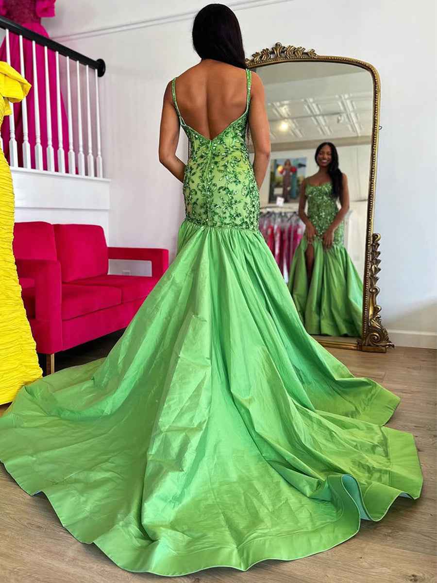 Green Mermaid Satin Prom Dress With Beaded Sequins And Floral Appliques Slit