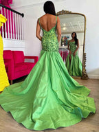 Green Mermaid Satin Prom Dress With Beaded Sequins And Floral Appliques Slit