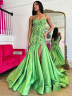 Green Mermaid Satin Sequin Beaded Prom Dress With Slit And Floral Appliques