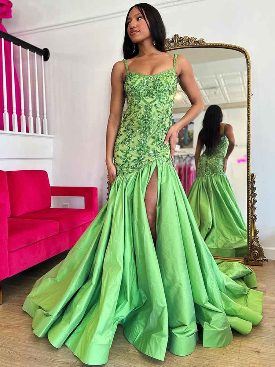 Green Mermaid Satin Sequin Beaded Prom Dress With Slit And Floral Appliques