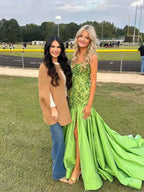Green Mermaid Satin Prom Dress With Beaded Sequins And Floral Appliques Slit