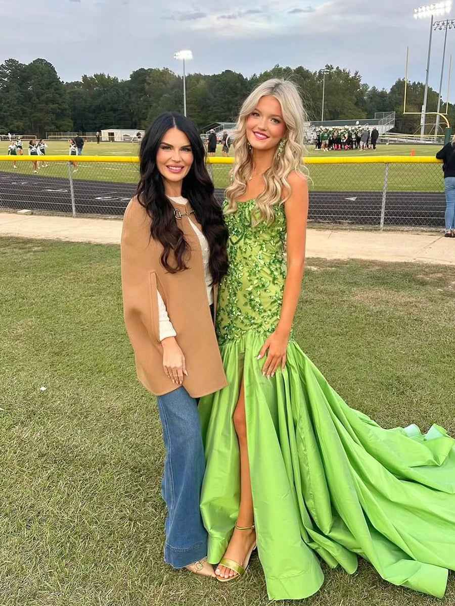 Green Mermaid Satin Prom Dress With Beaded Sequins And Floral Appliques Slit