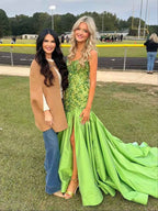 Green Mermaid Satin Prom Dress With Beaded Sequins And Floral Appliques Slit