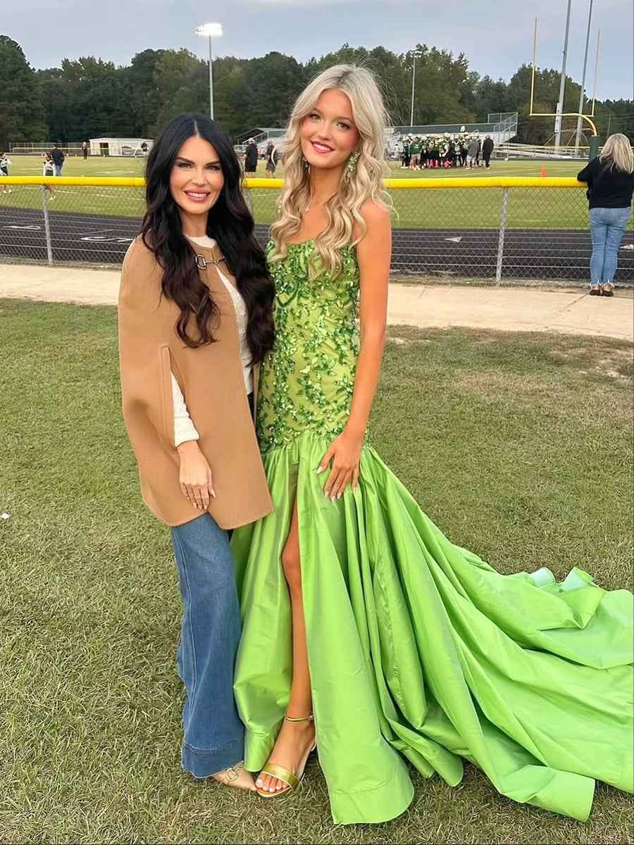 Green Mermaid Satin Prom Dress With Beaded Sequins And Floral Appliques Slit