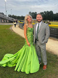 Green Mermaid Satin Prom Dress With Beaded Sequins And Floral Appliques Slit