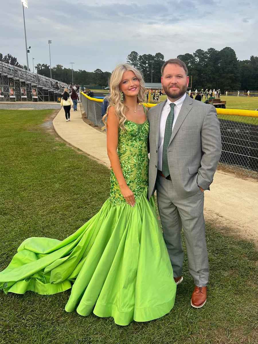 Green Mermaid Satin Prom Dress With Beaded Sequins And Floral Appliques Slit
