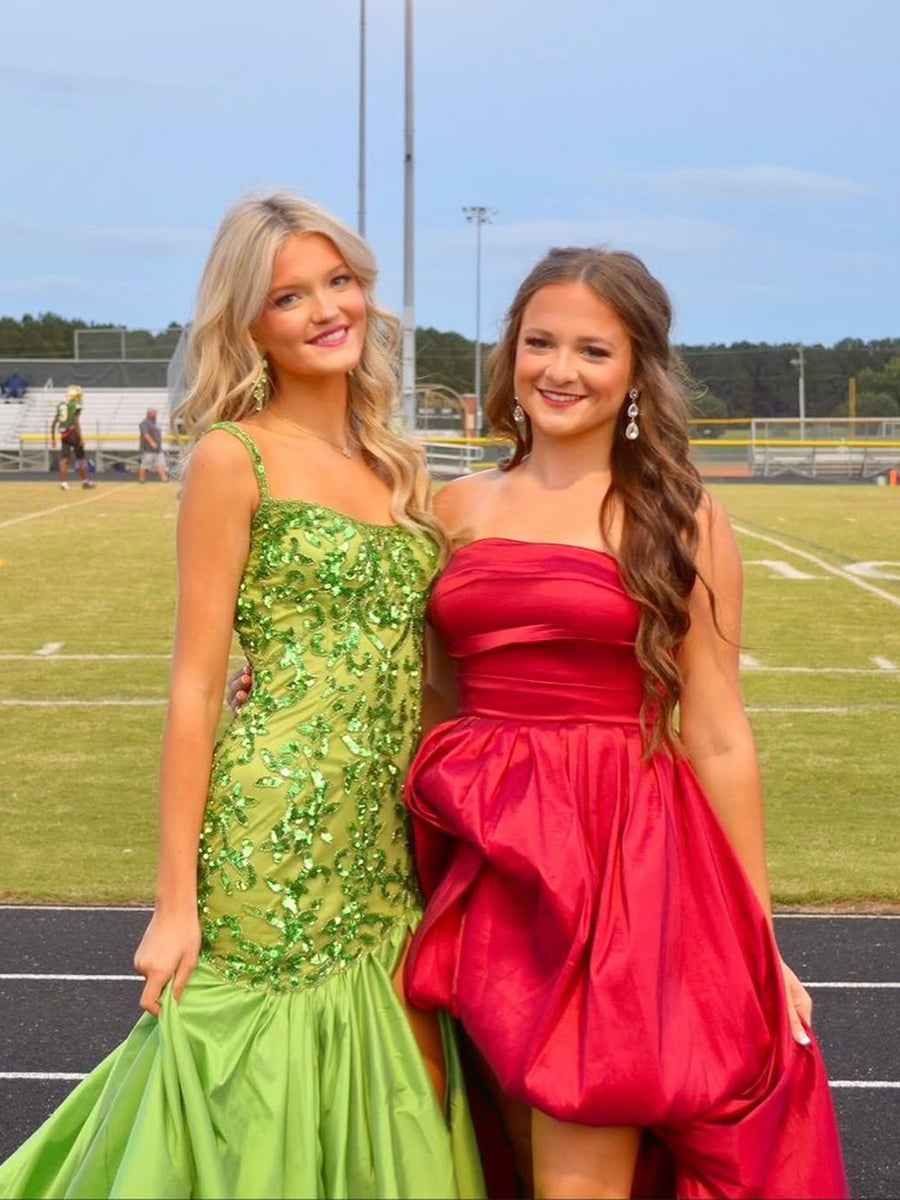 Green Mermaid Satin Prom Dress With Beaded Sequins And Floral Appliques Slit