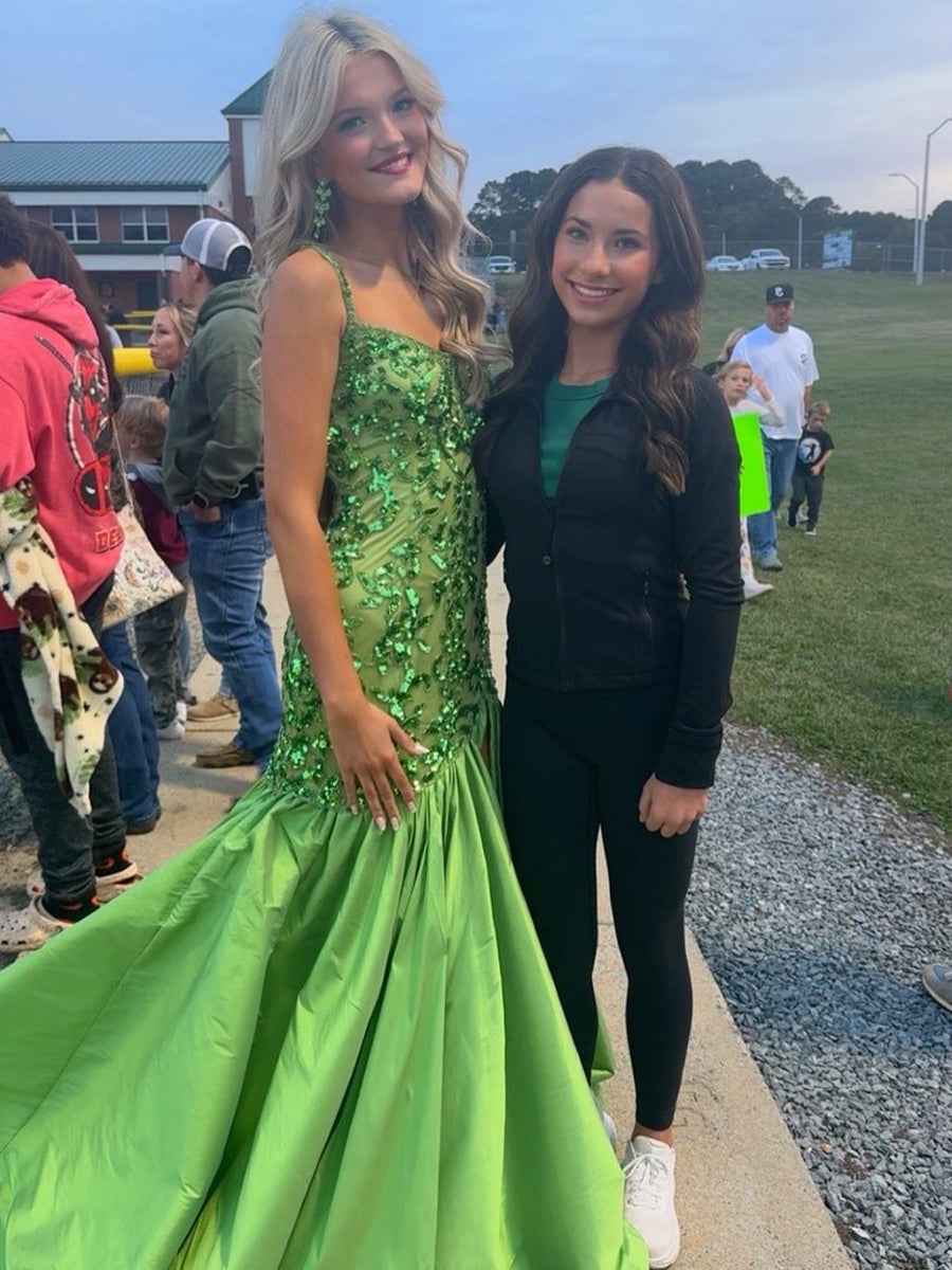 Green Mermaid Satin Prom Dress With Beaded Sequins And Floral Appliques Slit