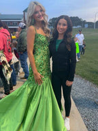 Green Mermaid Satin Prom Dress With Beaded Sequins And Floral Appliques Slit
