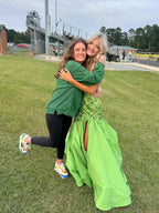 Green Mermaid Satin Prom Dress With Beaded Sequins And Floral Appliques Slit