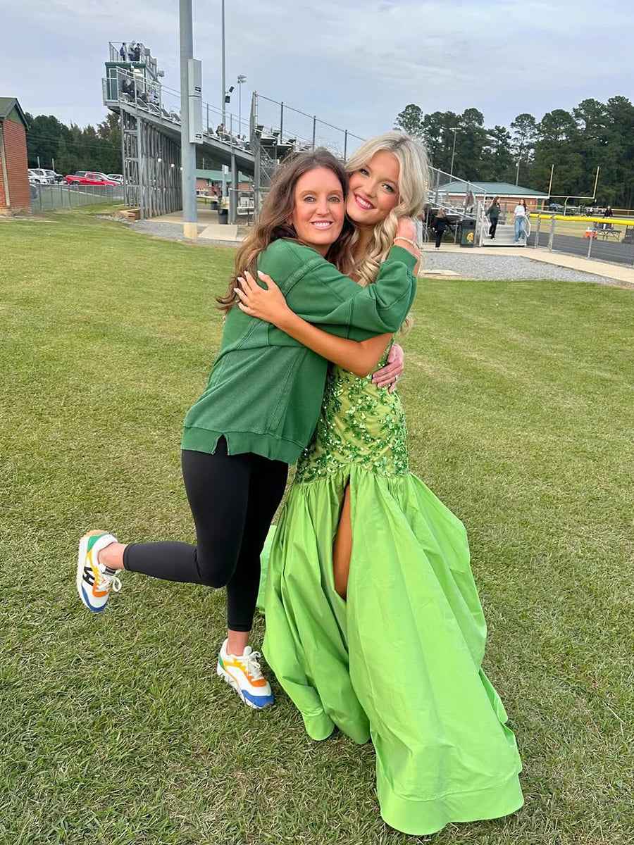 Green Mermaid Satin Prom Dress With Beaded Sequins And Floral Appliques Slit