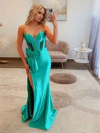 Green Mermaid Strapless Sweetheart Long Prom Dress With Bow Satin
