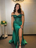 Emerald Green Off The Shoulder Mermaid Long Prom Dress With Sequins And Slit