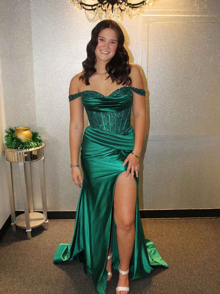 Emerald Green Off The Shoulder Mermaid Long Prom Dress With Sequins And Slit