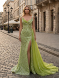 Lime Green Sequin Tulle Prom Dress With Slit