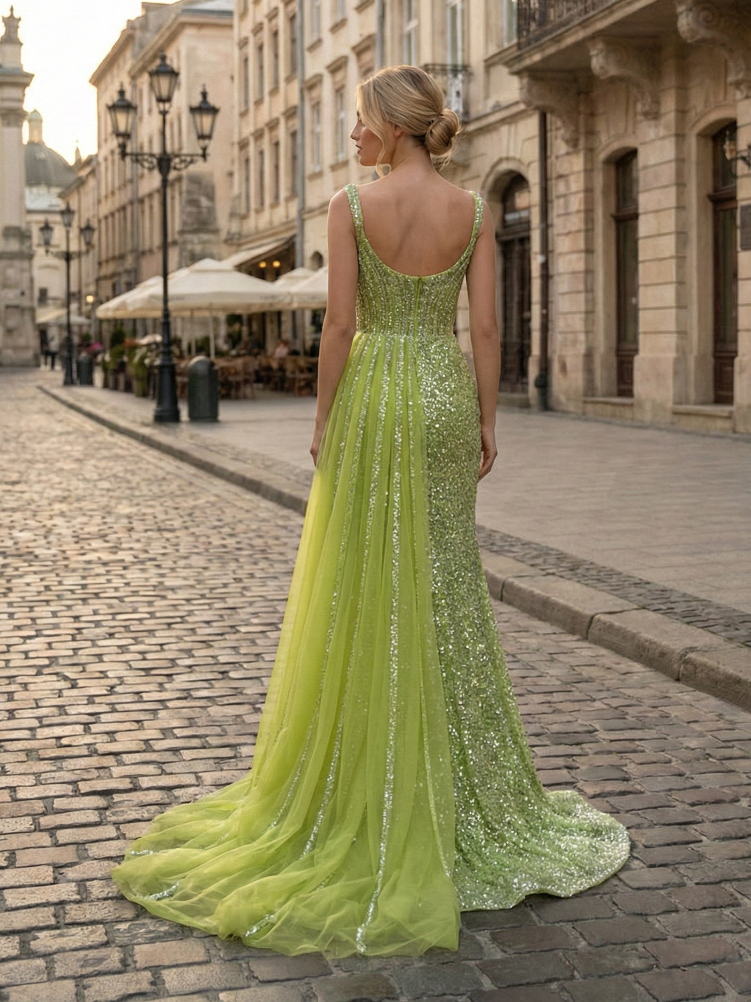 Lime Green Sequin Tulle Prom Dress With Slit