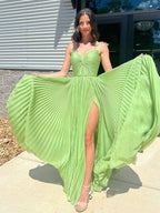 Lime Green Sweetheart Spaghetti Strap Pleated A Line Prom Dress With High Slit