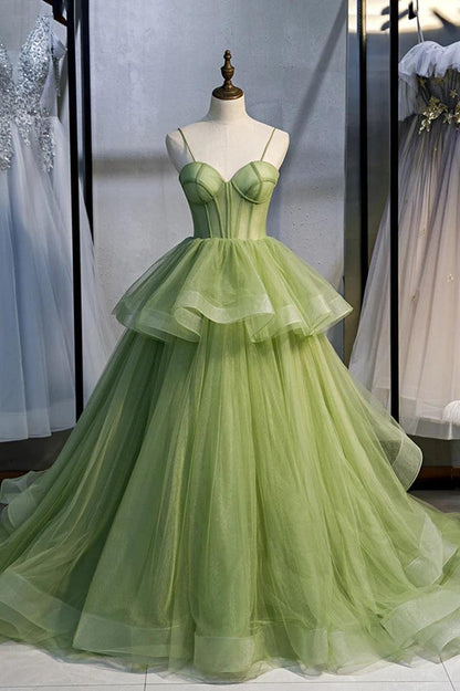 Vestidos de fiesta largos de tul verde, vestidos de noche de corte A con cola