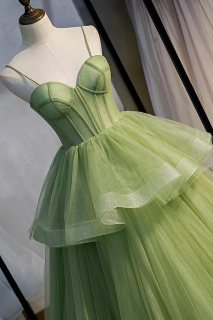 Vestidos de fiesta largos de tul verde, vestidos de noche de corte A con cola
