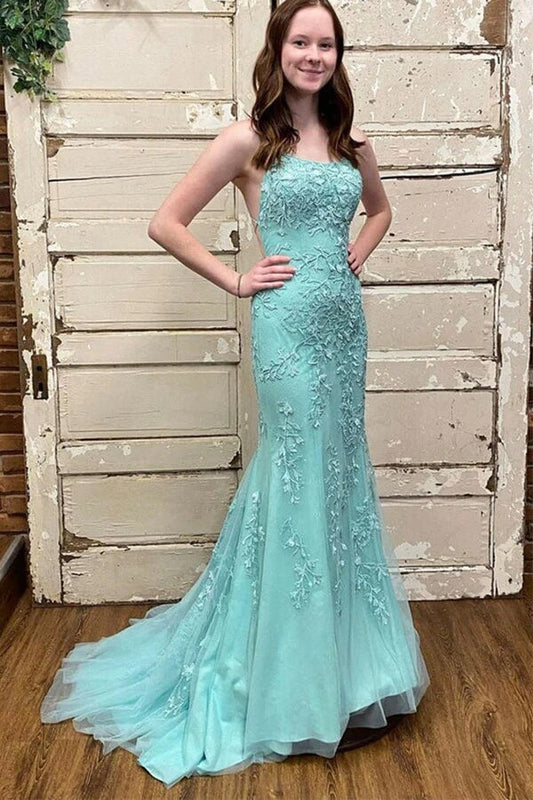 Vestido de fiesta de tul con escote redondo y espalda con cordones, estilo sirena