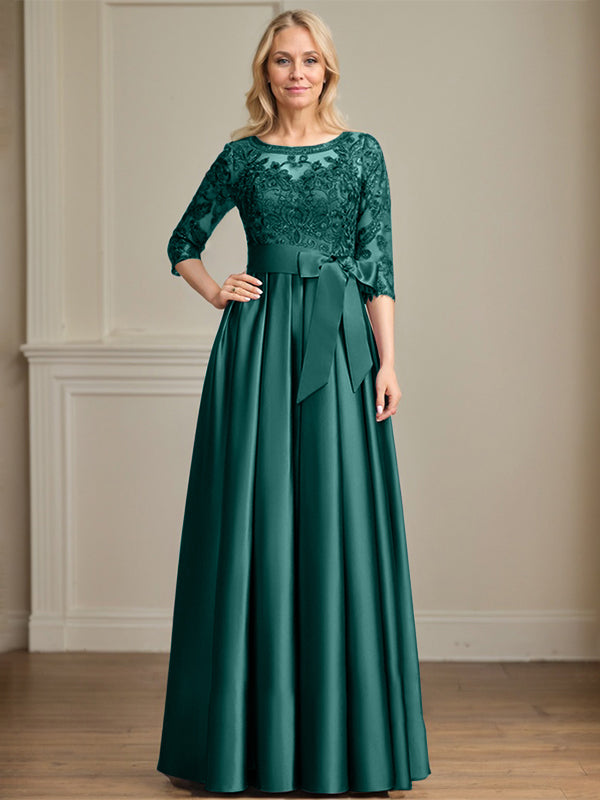A-Linie, U-Ausschnitt, Illusion, bodenlanges Satin-Spitzenkleid für die Brautmutter mit Paillettenschleife 