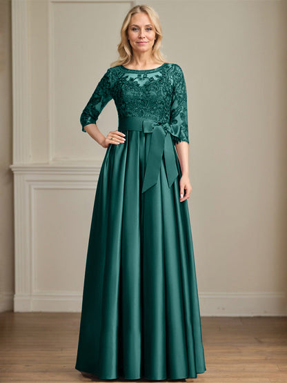 A-Linie, U-Ausschnitt, Illusion, bodenlanges Satin-Spitzenkleid für die Brautmutter mit Paillettenschleife 