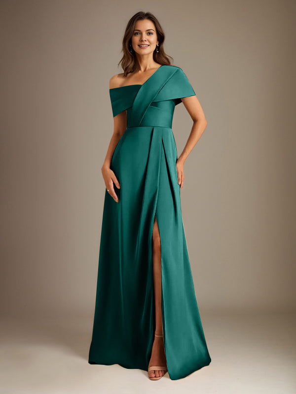 Robe de mère de la mariée en satin, longueur au sol, encolure asymétrique en ligne A avec plis