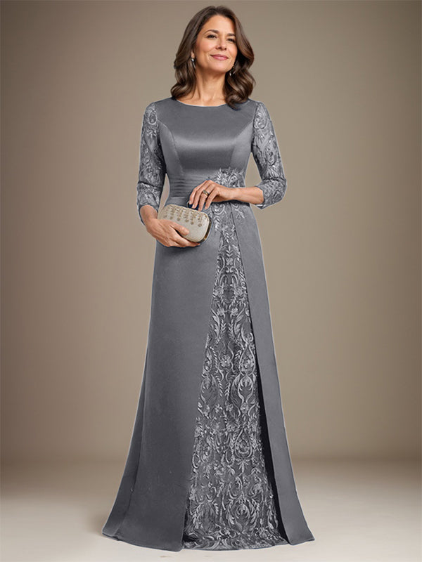 A-Line Scoop Floor-Length Lace Satin Mother Of the Bride Dress With Applique