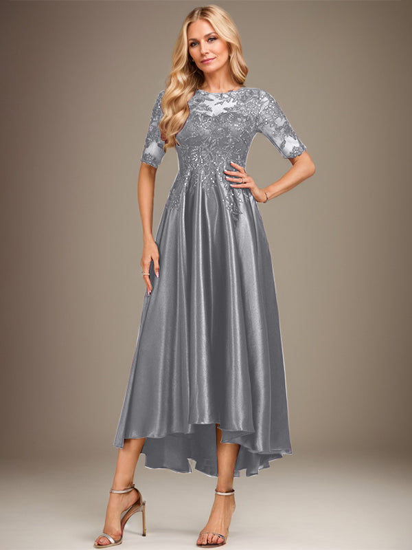 Robe de mère de la mariée en satin extensible à dentelle, coupe en A, décolleté illusion asymétrique avec paillettes