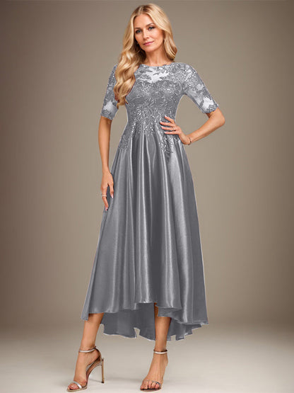 A-Linie, U-Ausschnitt, Illusion, asymmetrisch, Stretch-Satin, Spitze, Kleid für die Brautmutter mit Pailletten 