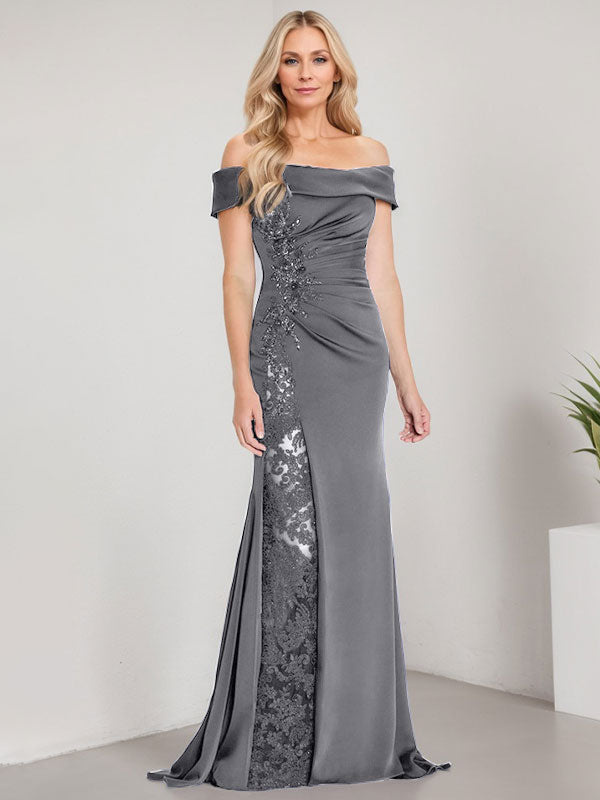 Robe de mère de la mariée longue jusqu'au sol, ligne A, épaules dénudées, appliques et perles, robe sirène avec fente haute