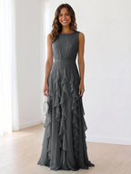 Sky Blue Tiered Chiffon Evening Maxi Dress With Ruched Bodice