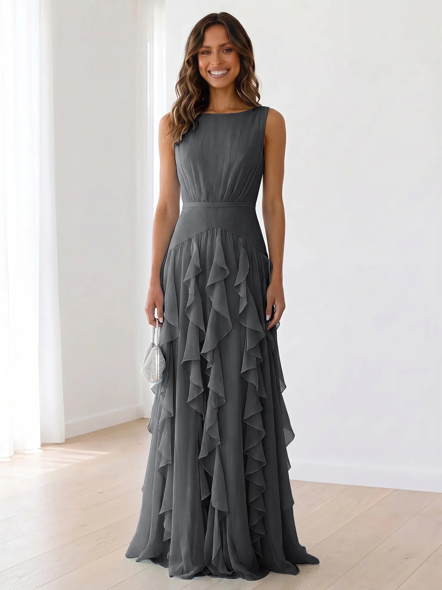Sky Blue Tiered Chiffon Evening Maxi Dress With Ruched Bodice