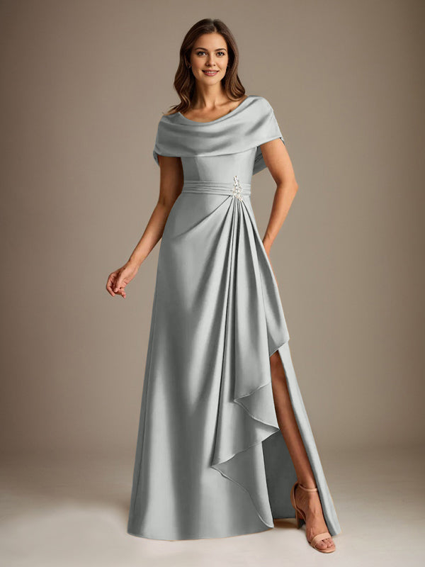 Robe de mère de la mariée en satin extensible, longueur au sol, coupe en A avec encolure dégagée et volants en cascade