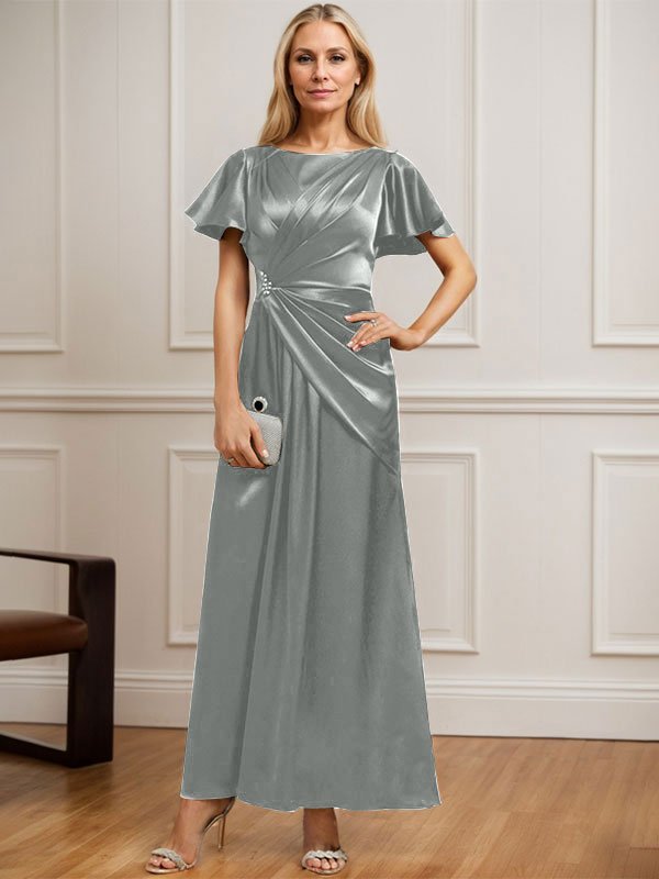Robe de mère de la mariée en satin extensible, longueur cheville, en ligne A, décolleté arrondi, ornée de perles plissées