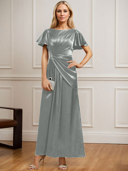 Vestido de madre de la novia de satén elástico con escote redondo y largo hasta los tobillos, con plisado y cuentas 