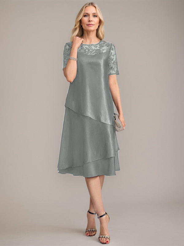 A-Linie, U-Ausschnitt, knielanges Kleid für die Brautmutter mit Applikationen und Pailletten 