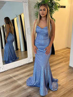 Grey Blue Mermaid Sequin Long Prom Dress Criss Cross Back